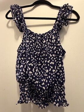 Aqua Navy / White Printed Top with Ruffle Trim